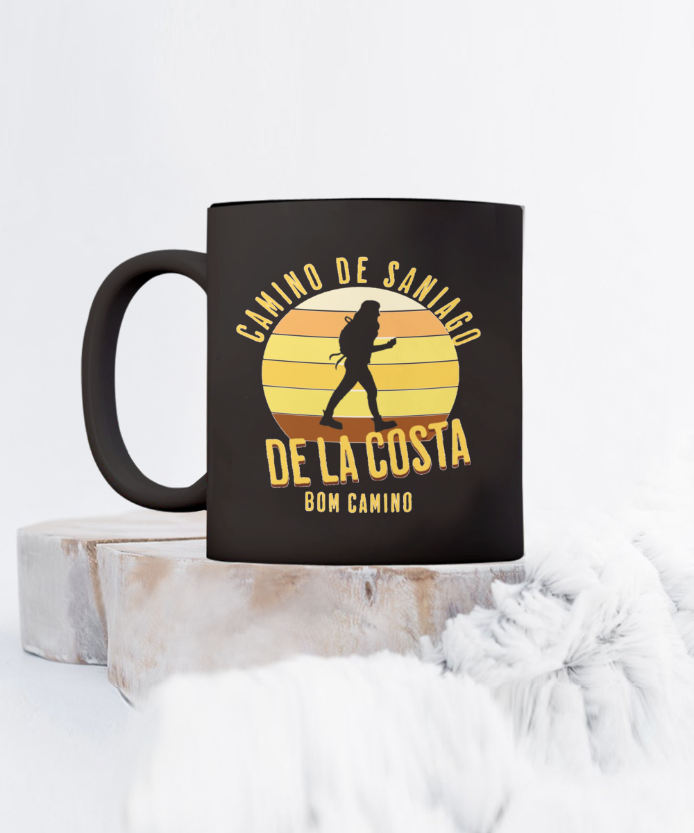 Camino de la Costa Solo Hiker Mug Gift for Peregrino Journey Bom Camino Black Ceramic 11 or 15 oz.