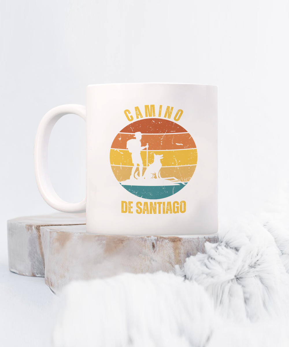 Camino de Santiago Gift Mug, Hiker with Dog Ceramic Coffee Mug, 11 or 15 oz. White or Black