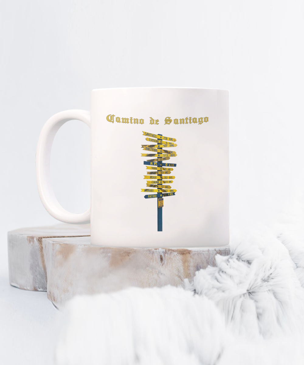 Camino de Santiago Signpost Mug Gift for Peregrino Journey Camino Gift  White Ceramic 11 or 15 oz.