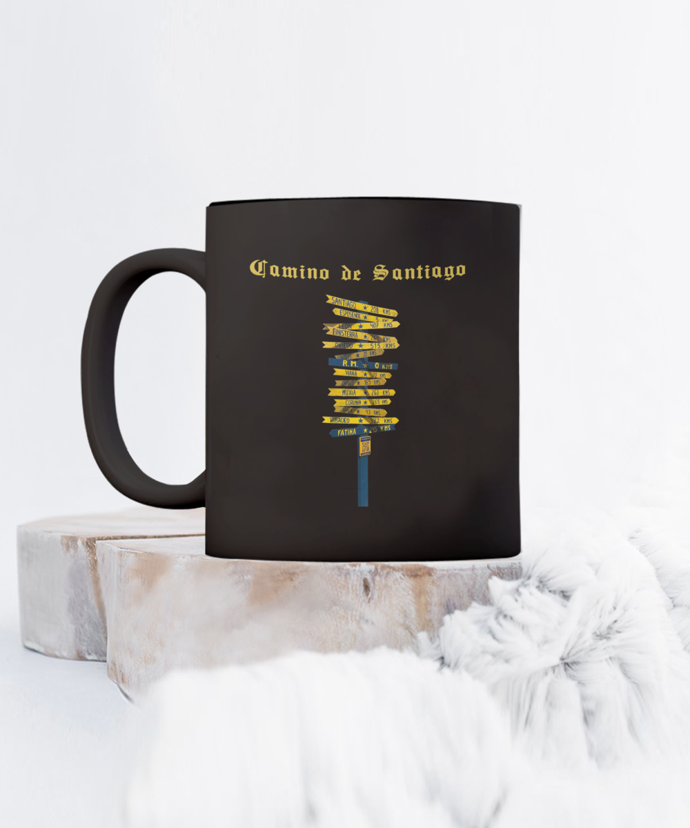 Camino de Santiago Signpost Mug, Gift for Peregrino Journey Camino Black Ceramic 11 or 15 oz.