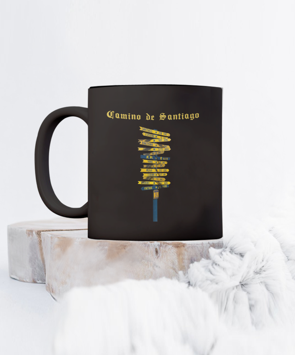 Camino de Santiago Signpost Mug, Gift for Peregrino Journey Camino Black Ceramic 11 or 15 oz.