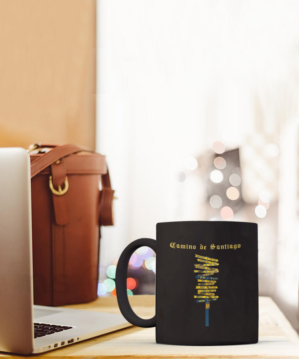 Camino de Santiago Signpost Mug, Gift for Peregrino Journey Camino Black Ceramic 11 or 15 oz.