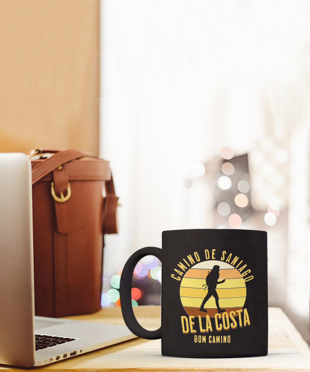 Camino de la Costa Solo Hiker Mug Gift for Peregrino Journey Bom Camino Black Ceramic 11 or 15 oz.