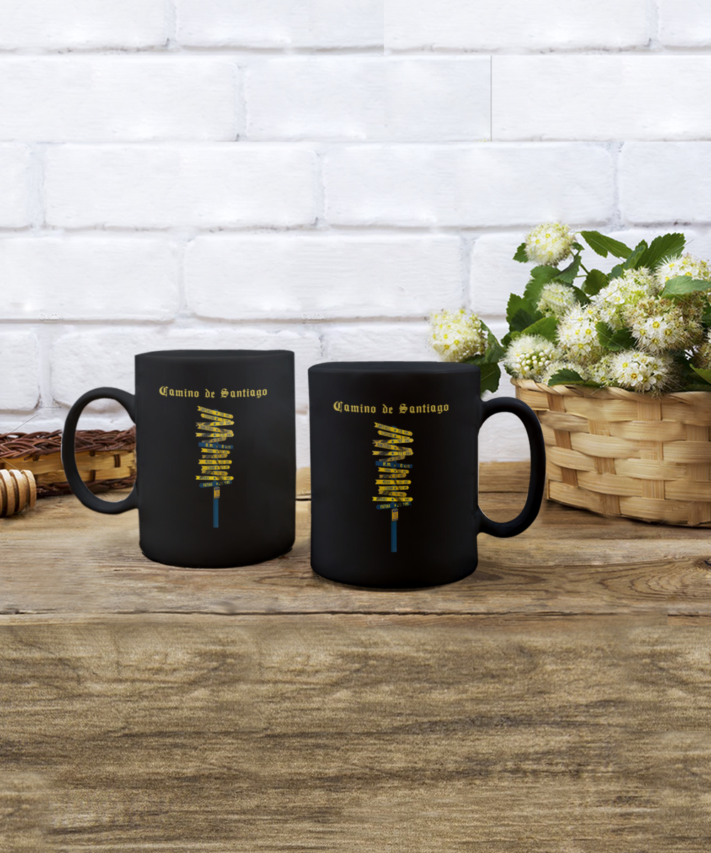 Camino de Santiago Signpost Mug, Gift for Peregrino Journey Camino Black Ceramic 11 or 15 oz.