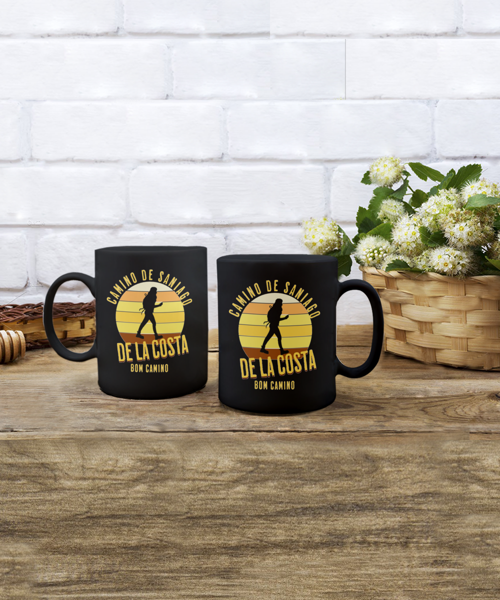 Camino de la Costa Solo Hiker Mug Gift for Peregrino Journey Bom Camino Black Ceramic 11 or 15 oz.